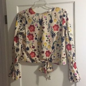 Floral Print Bell Sleeve Top with Front Tie Detail